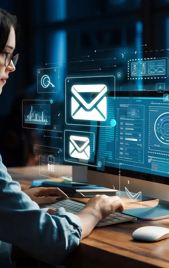 Woman at a desk with a monitor displaying email marketing design icons and connected workflow graphics.