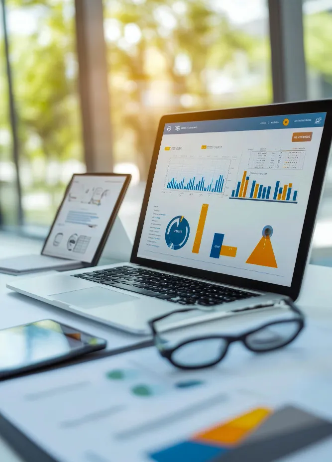 Laptop on a desk displaying a colourful analytics dashboard with charts and reports.