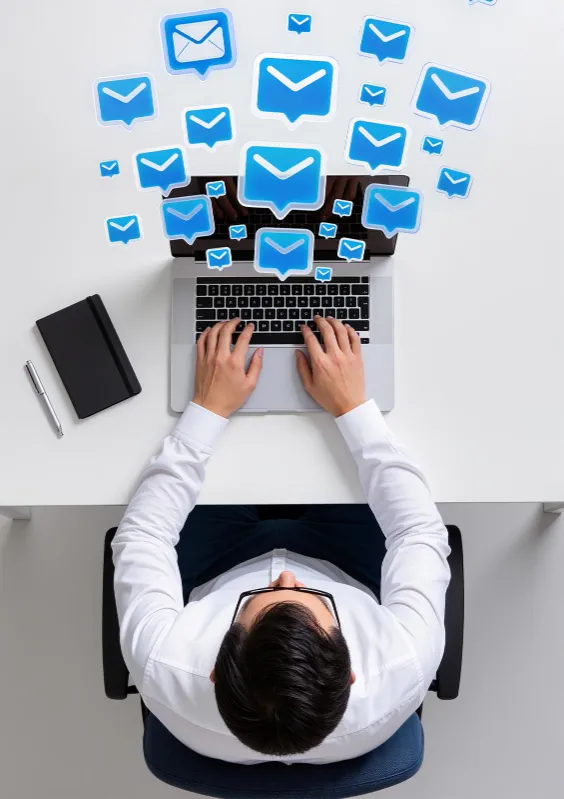 Overhead view of hands on a laptop with blue email icons rising from the screen.