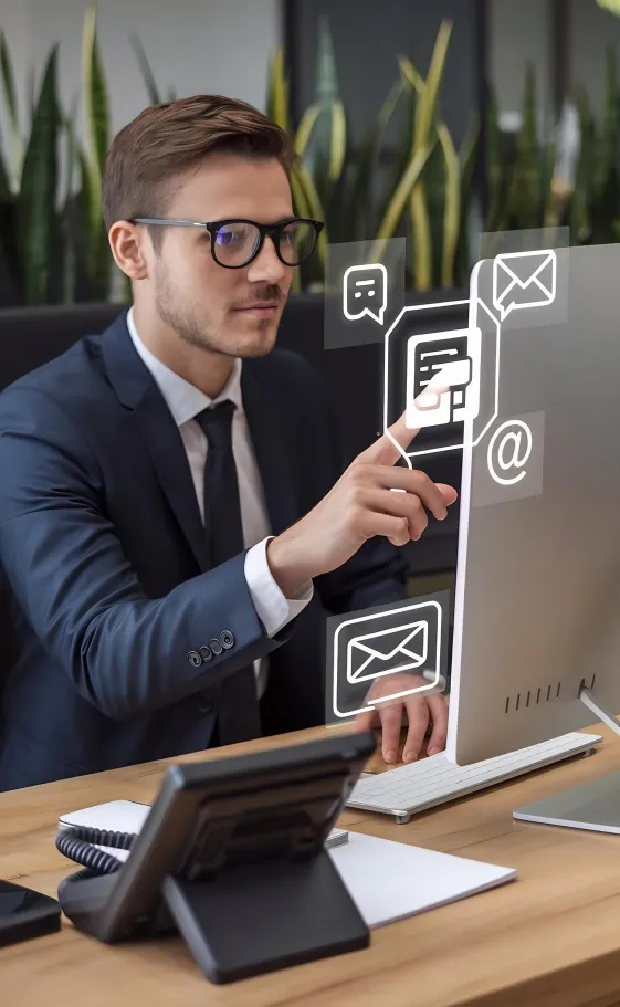 Professional in a suit pointing at a monitor with floating email and digital communication icons.