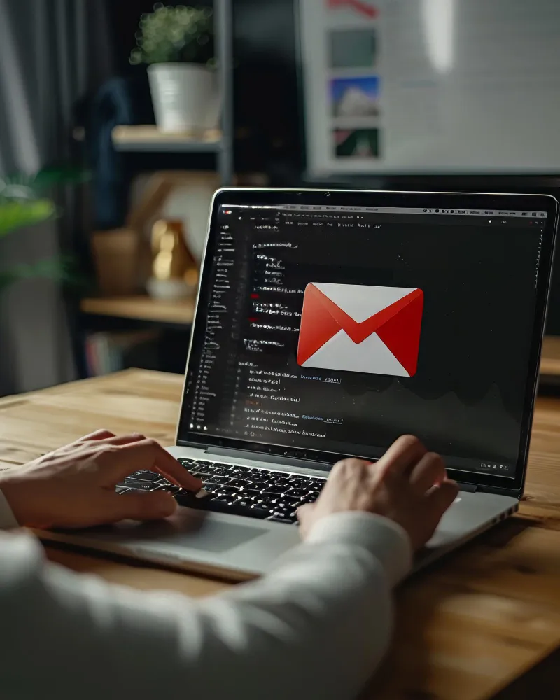 Hands on a laptop keyboard with floating email and document icons showing completed tasks.