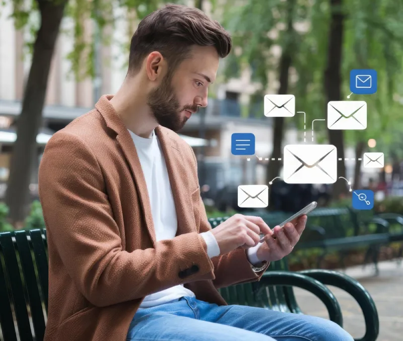 Man on a park bench using a smartphone with floating email and message icons connected by dashed lines.