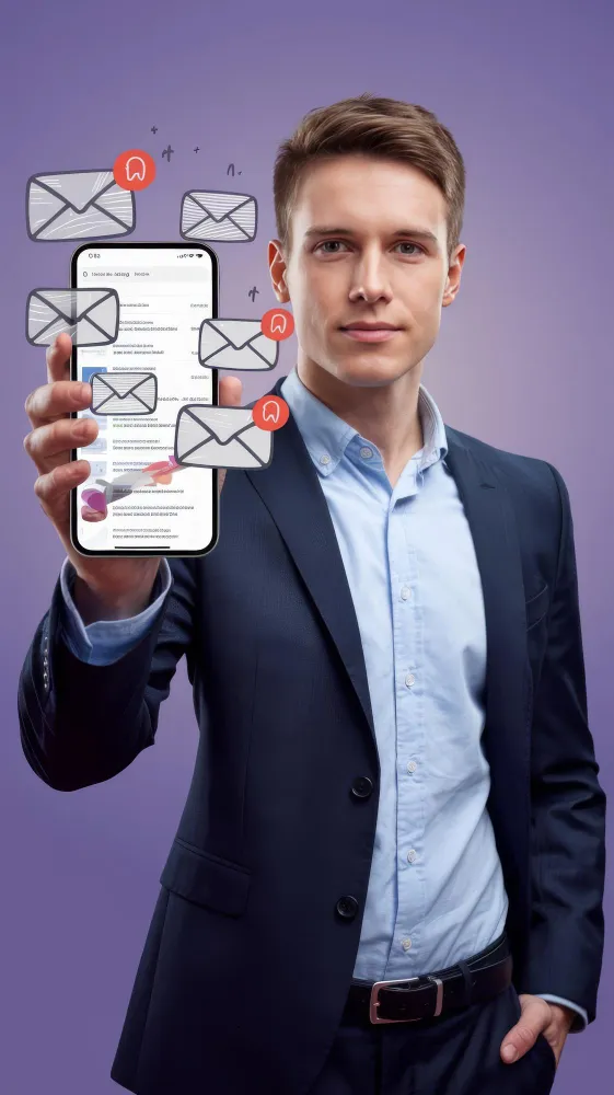 Professional in a suit holding a smartphone with floating email envelope icons on a purple background.