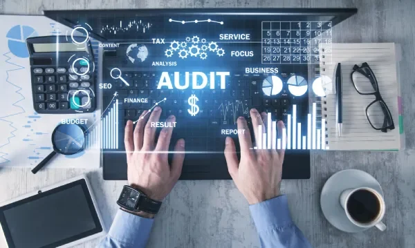 Analyst auditing Google Ads account strategy with financial and performance data overlays.