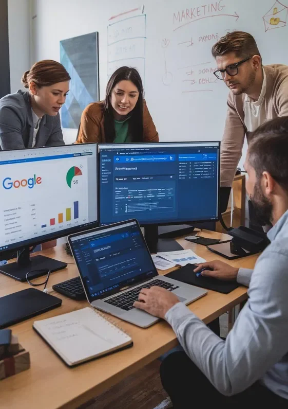 Marketing team collaborating on Google Ads dashboards and campaign data in office.
