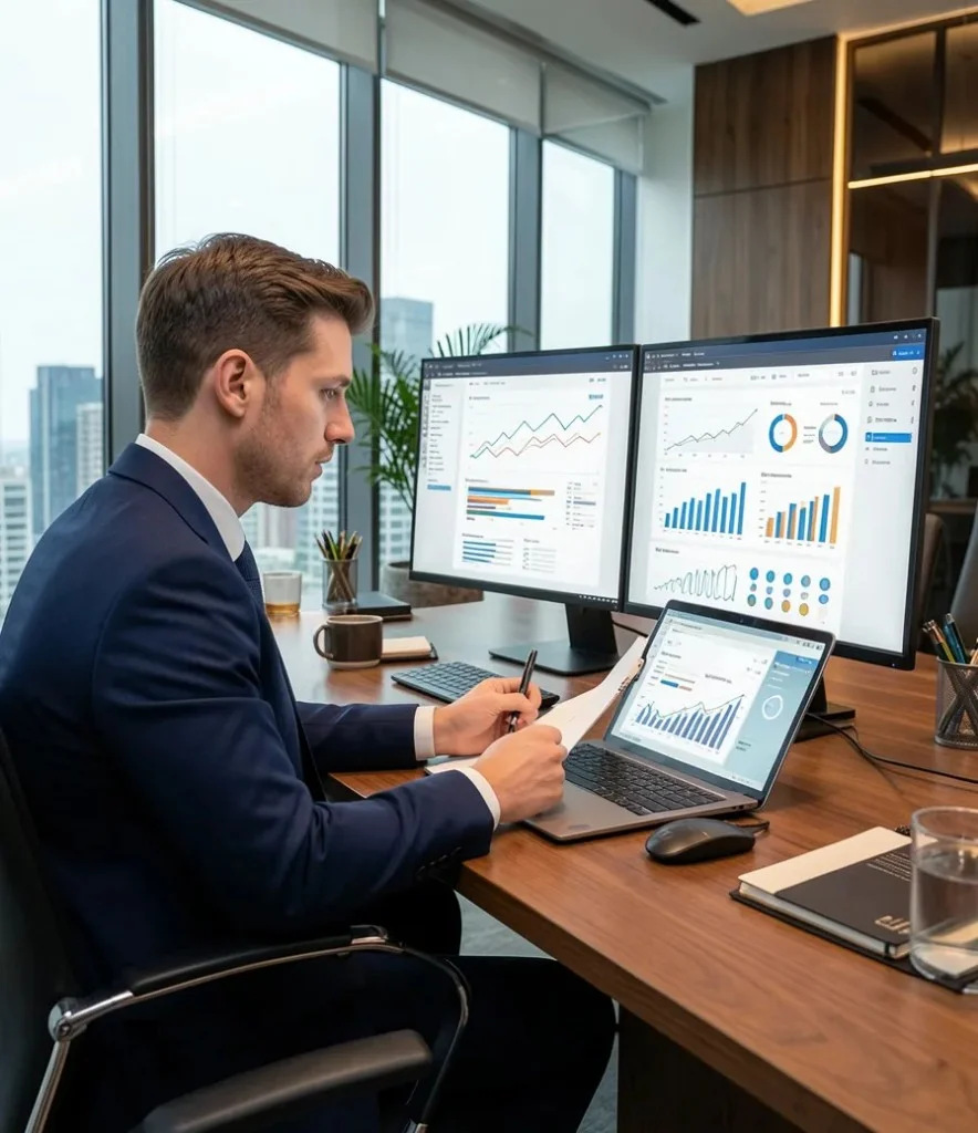 Professional reviewing Google Ads campaign analytics and performance dashboards on multiple office monitors.