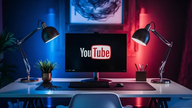 Desktop monitor displaying YouTube for video ads and campaign management.