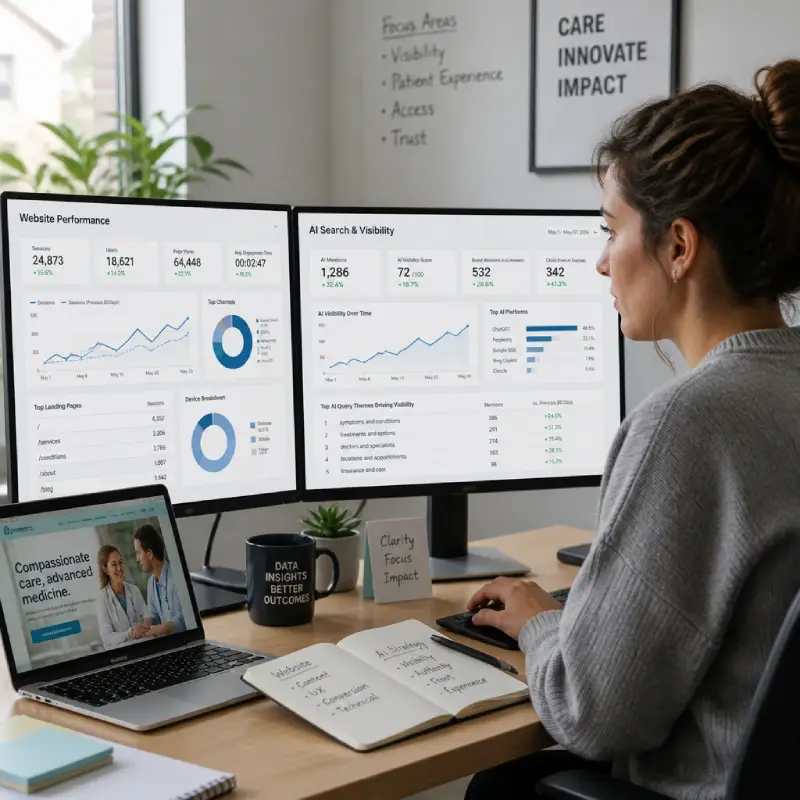 Healthcare content optimised for AI search overviews alongside traditional search results.