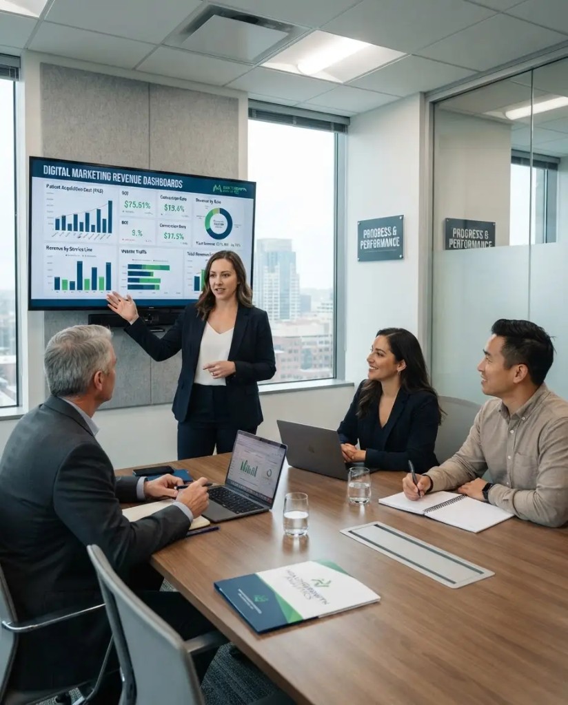 Healthcare marketing team reviewing digital marketing revenue dashboards focused on ROI and patient acquisition.