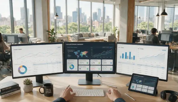 Healthcare marketing team reviewing SEO and performance dashboards in a modern analytics workspace.