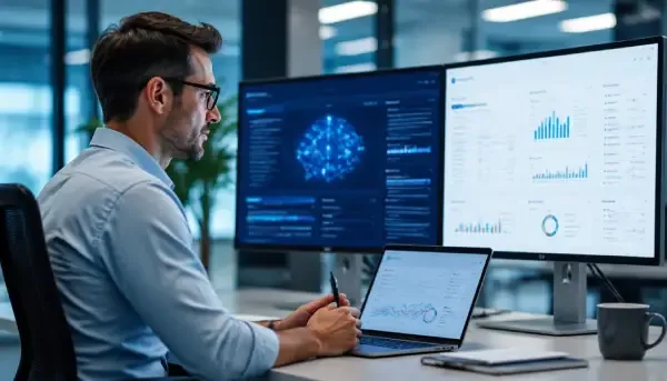 Analyst reviewing AI neural network and generative engine optimisation dashboards
