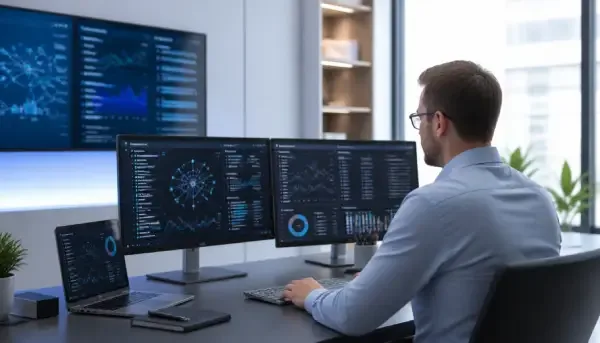 Analyst reviewing LLM optimisation data and network analytics across multiple screens