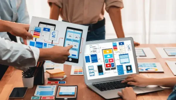 Team planning mobile app wireframes and user flows for iOS and Android