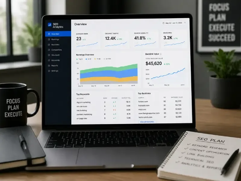 SEO analytics dashboard showing backlink value, domain ratings and top referring domains.