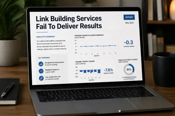 Laptop showing link building services report with rankings, traffic and domain authority metrics.