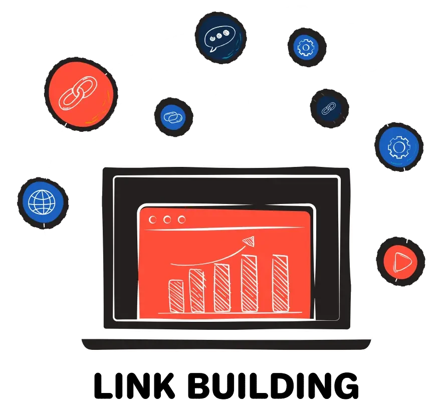 Hand-drawn illustration of a laptop with growth chart surrounded by link building, SEO and digital marketing icons.