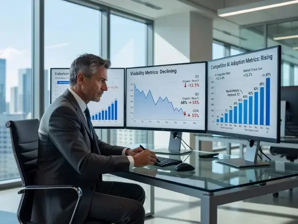 Marketer reviewing declining visibility metrics while competitors gain AI search citations.