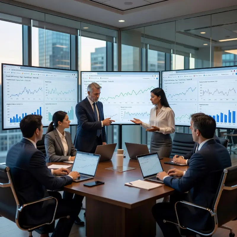Business team reviewing local search analytics and growth strategy in a modern office.