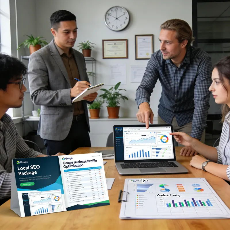 Team planning local SEO packages around laptop on desk