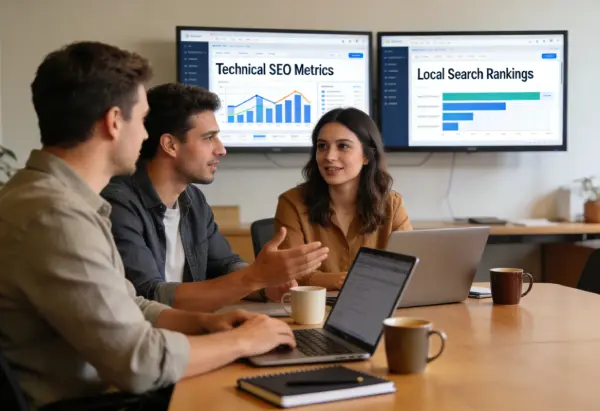 SEO team reviewing technical SEO metrics and local search ranking dashboards on wall monitors.