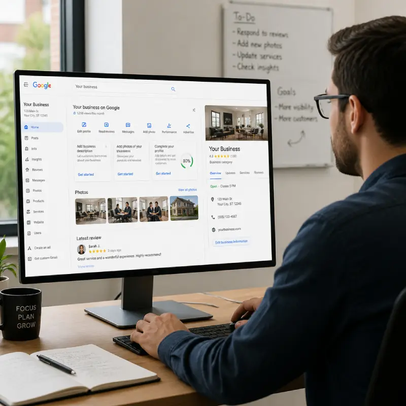 Google Business Profile dashboard optimisation on a desktop monitor.