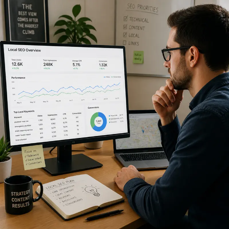 Local SEO keyword research dashboard with clicks, impressions, and top local keywords.