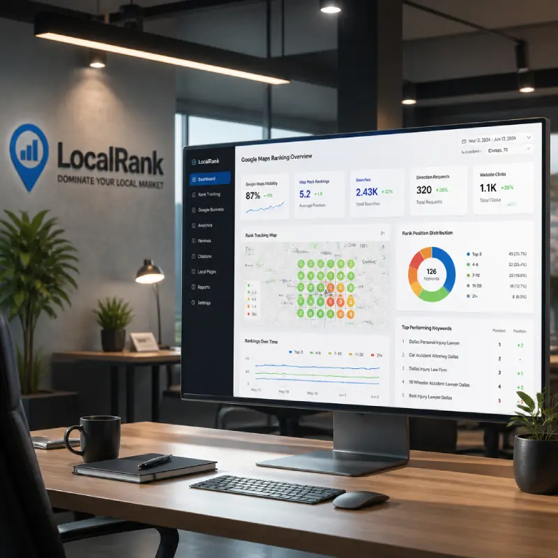 Office desk with monitor showing Google Maps ranking overview and local SEO analytics dashboard.