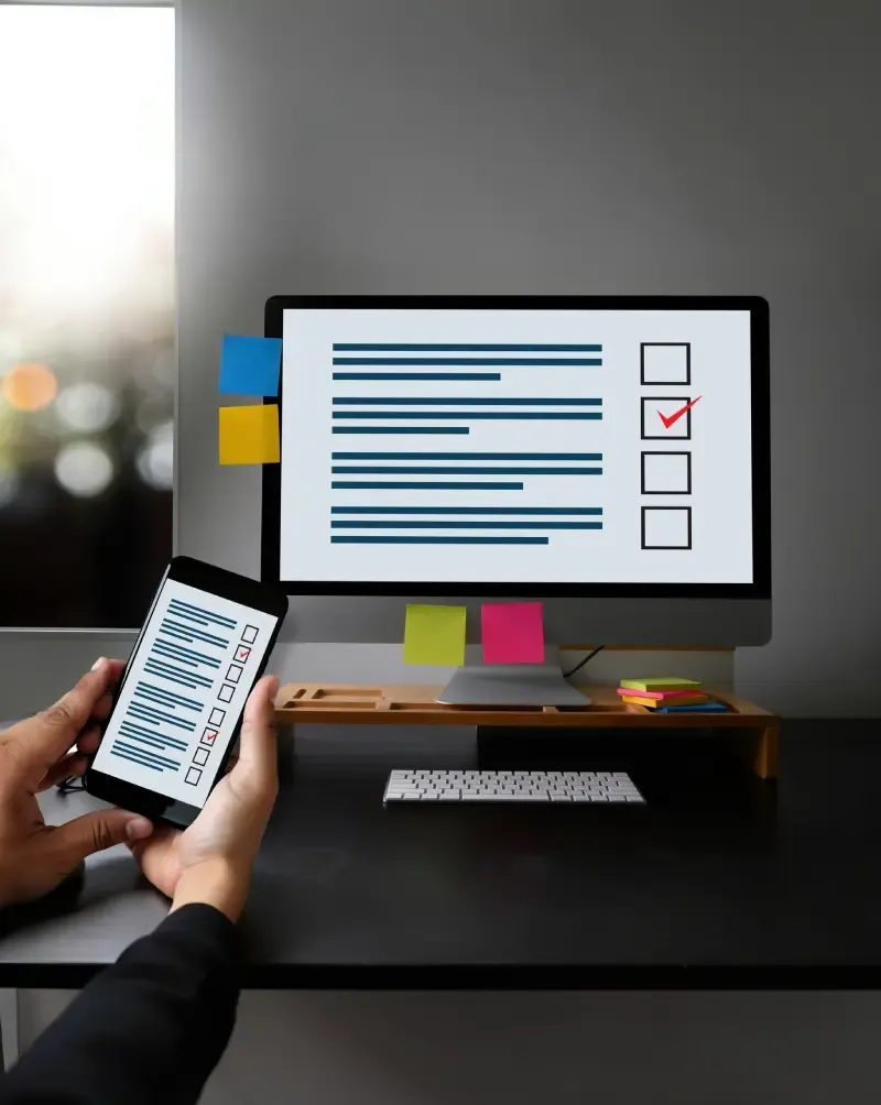 Phone and desktop monitor both showing checklist interfaces with verified items.