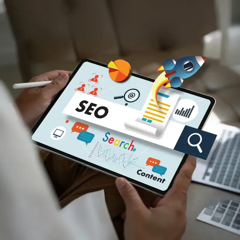 Hands holding a tablet showing SEO search bar graphics with rocket, charts and optimisation icons.