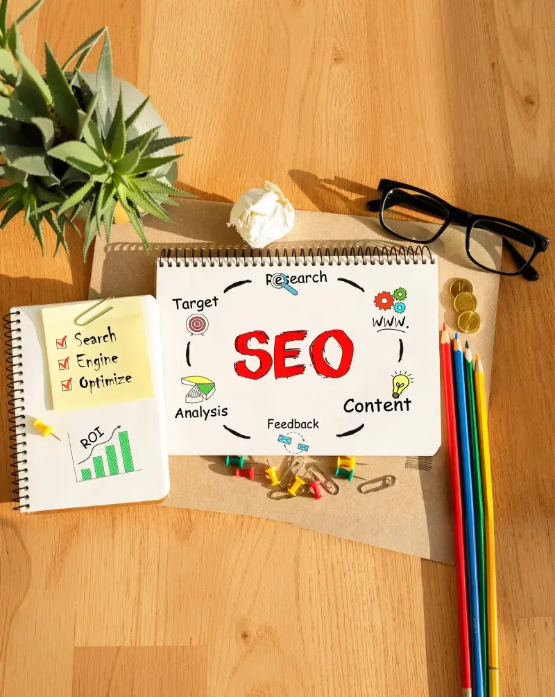 Desk with SEO notebook diagram: research, content, analysis, and Search Engine Optimize checklist.