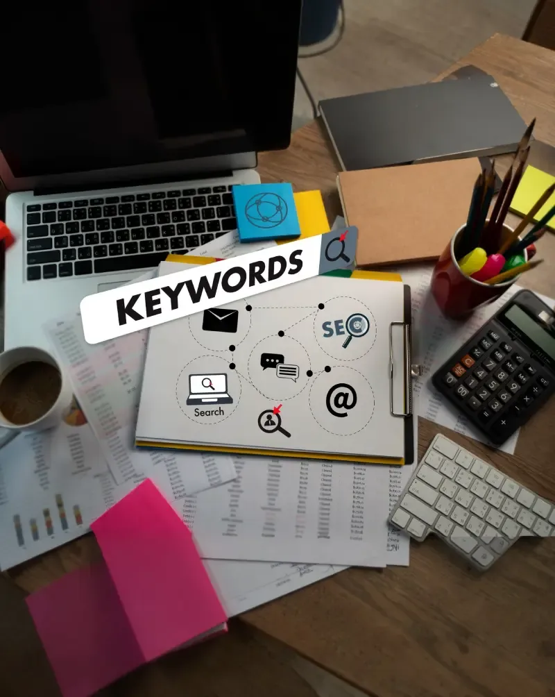 Desk with keyword research notes and SEO icons on a clipboard.