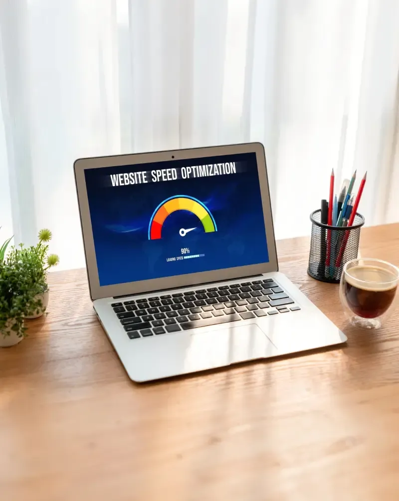 Laptop showing website speed optimization gauge with high loading speed on screen.