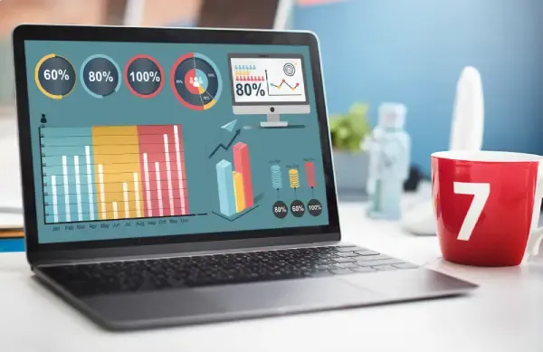 Laptop on a desk displaying analytics dashboards with charts, gauges and performance metrics.