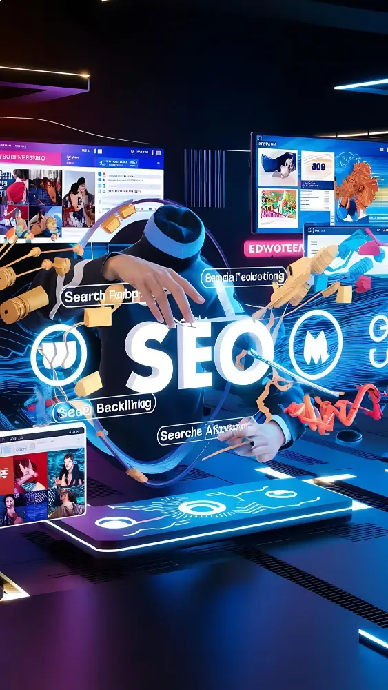 Futuristic SEO holographic interface with large SEO lettering and digital analytics displays.