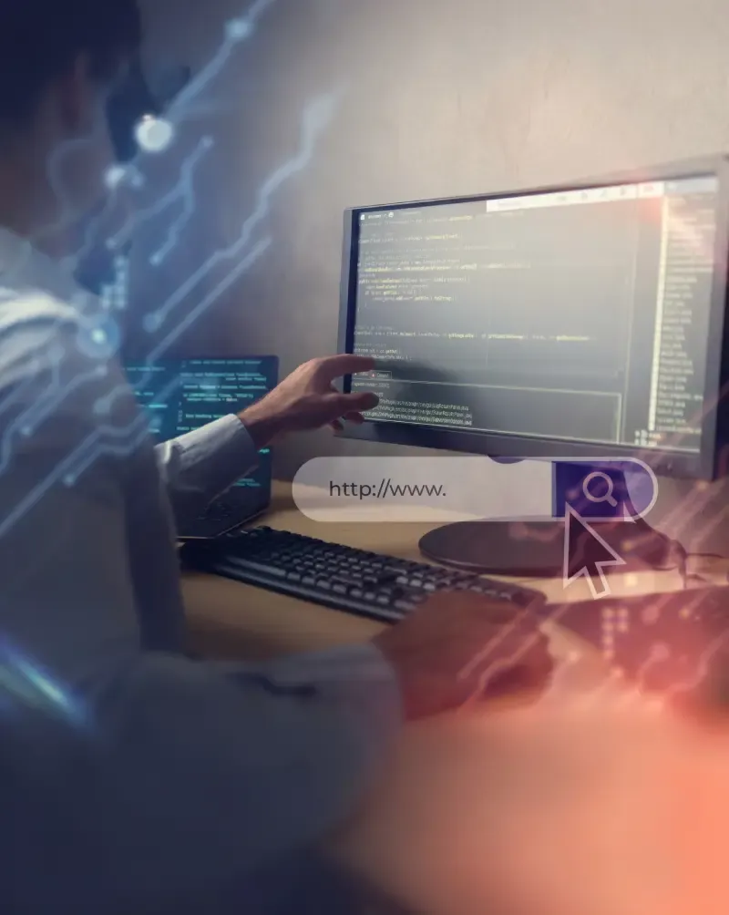 Developer at a monitor with code and an overlaid search bar showing a web URL.