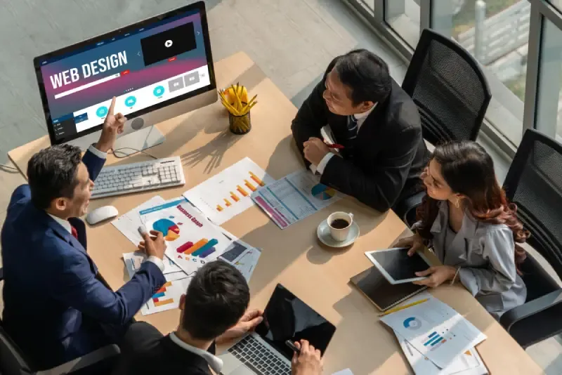 Team around a conference table reviewing web design on a monitor, charts and laptops.