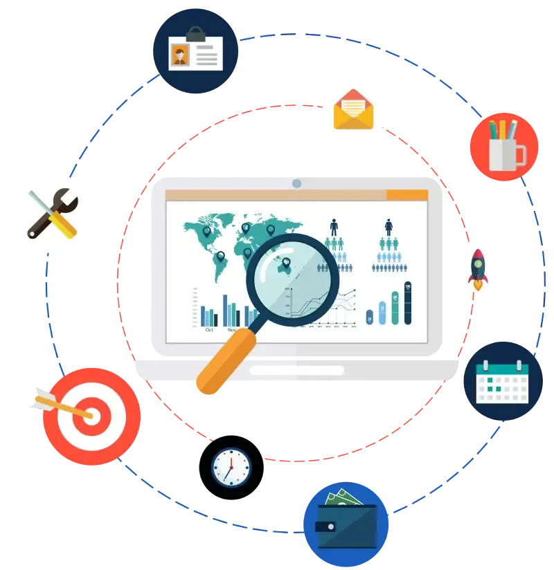 Flat illustration of a laptop showing analytics and a world map, with a magnifying glass over the screen and business icons in orbit — representing a detailed SEO audit.