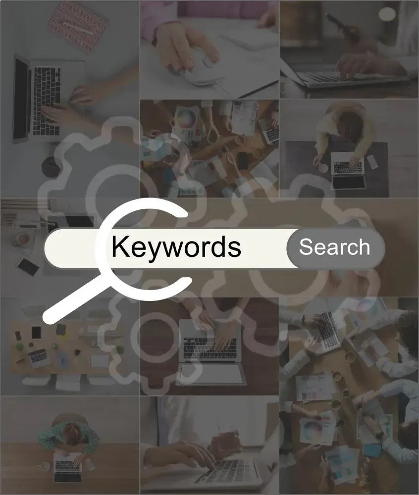 Graphic search bar labelled Keywords with magnifying glass over professional workspace collage.