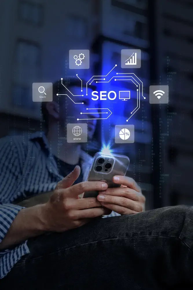 Person holding a phone with a glowing projected SEO interface showing search and analytics icons.