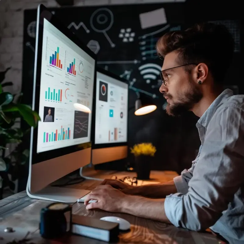 Specialist at a desk studying analytics dashboards on a large monitor in a dim workspace.