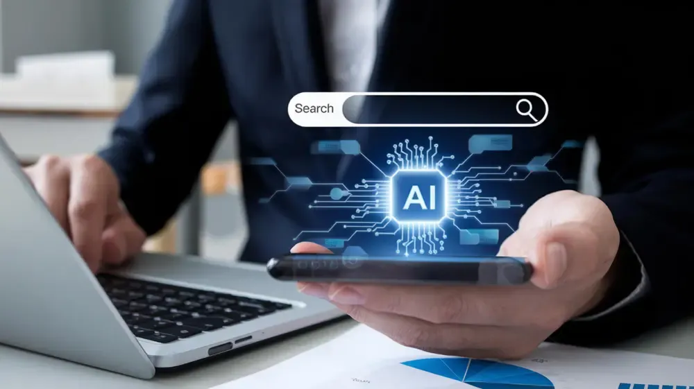 Professional holding a smartphone with a glowing AI search overlay—search bar and circuit-board AI chip—beside a laptop in a blurred office.