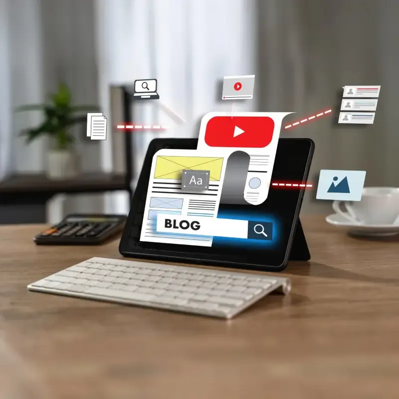 Tablet on a desk showing a stylised blog layout with search bar, video icon, and floating SEO and content icons connected by lines.