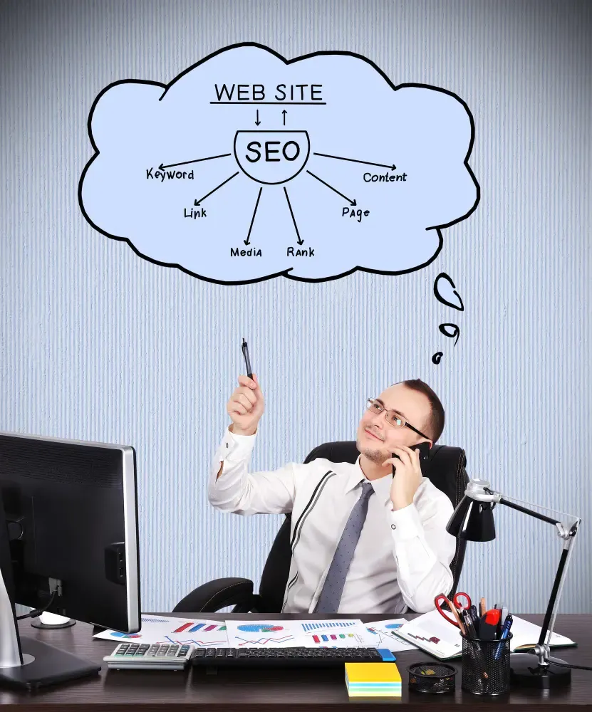 Professional on the phone at a desk with a thought-bubble diagram linking website and SEO to keywords, links, media, rank, page, and content.