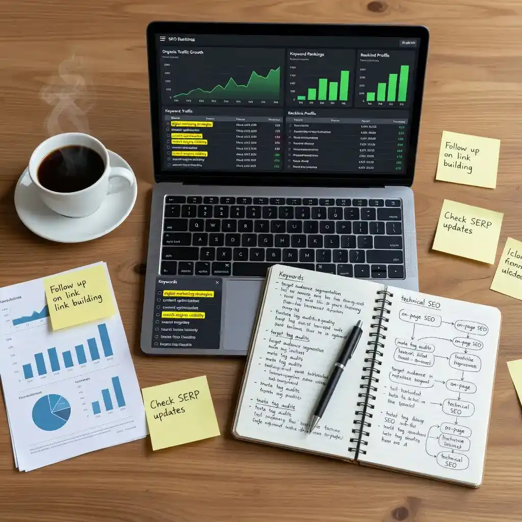 Wooden desk with laptop showing SEO analytics, printed charts, notebook with technical SEO notes, sticky reminders, and coffee.