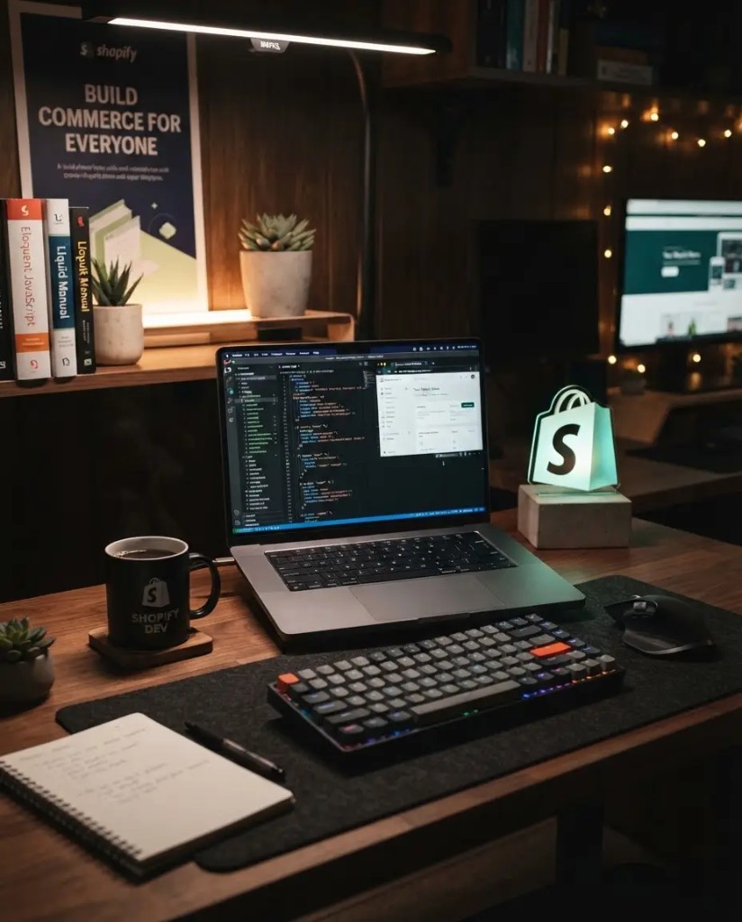 Shopify developer workspace with code editor, Shopify dev tools, and ecommerce development setup