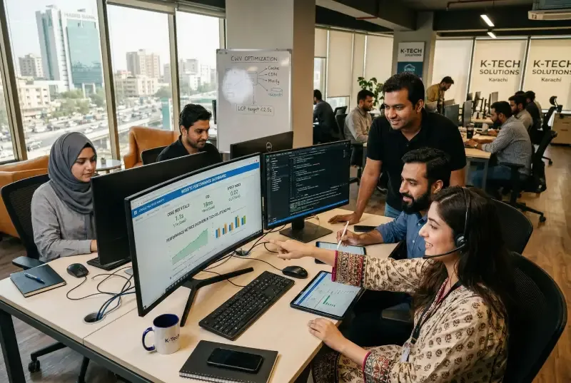 Shopify support team reviewing website performance dashboards and ongoing store monitoring