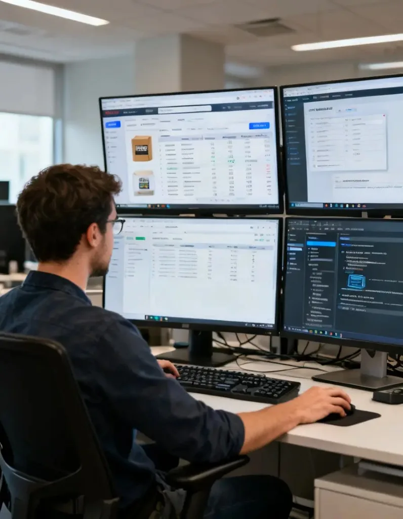 Developer managing Shopify migration data and store dashboards across multiple screens