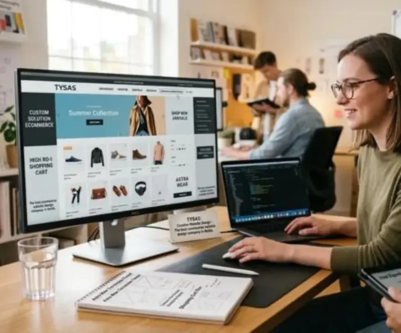 Designer customising a Shopify ecommerce theme with code and storefront preview