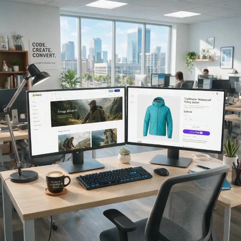 Shopify development workspace with dual monitors showing a Shopify store being built in a modern UK agency office