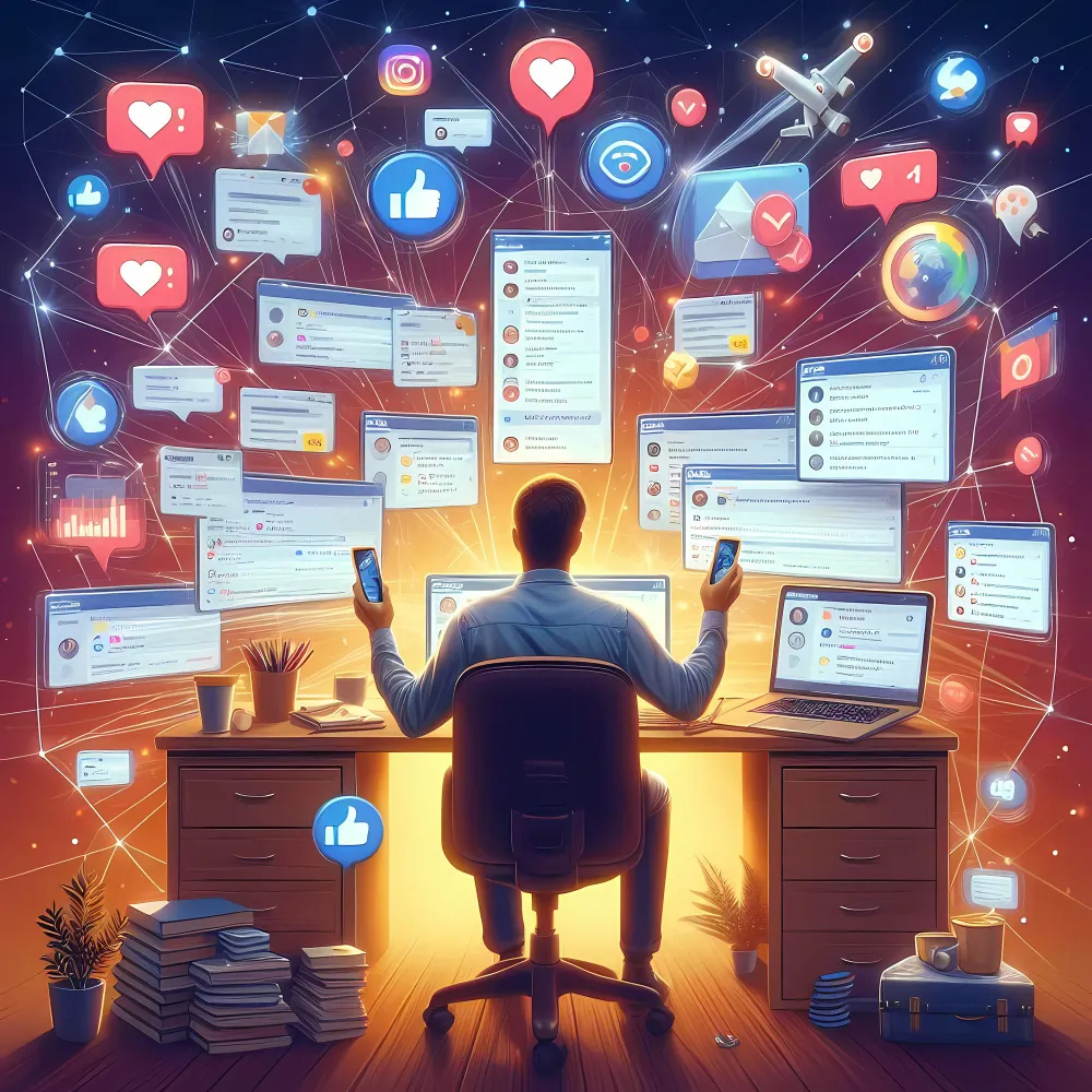 Social media manager working on multi-channel campaigns surrounded by Facebook, Instagram, LinkedIn and TikTok windows, likes, messages and engagement metrics
